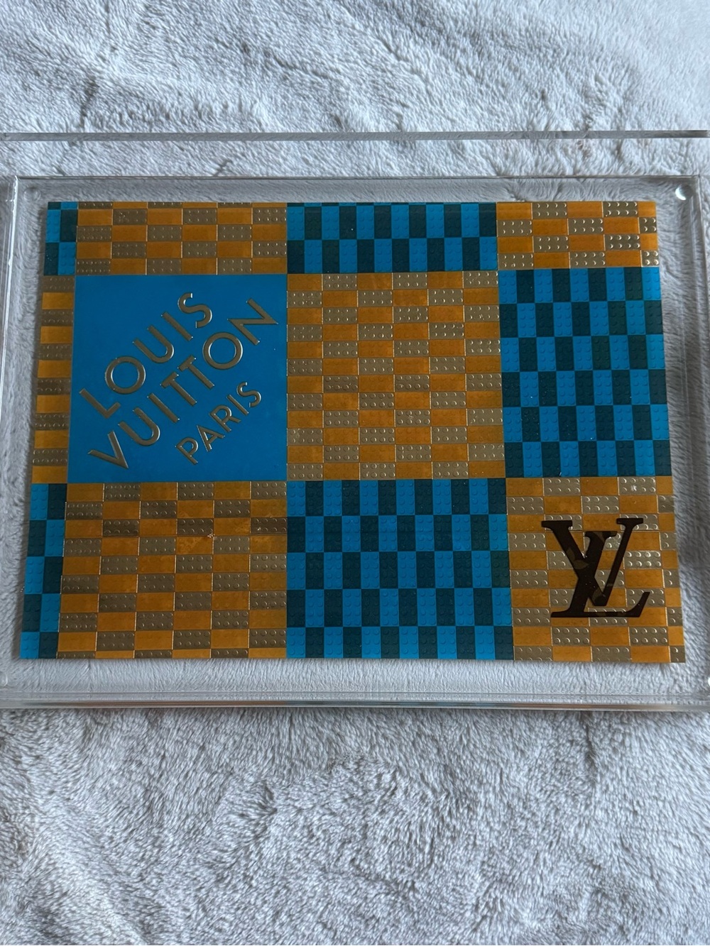 Louis Vuitton Blue and Gold Checkerboard Decorative Tray-repurposed